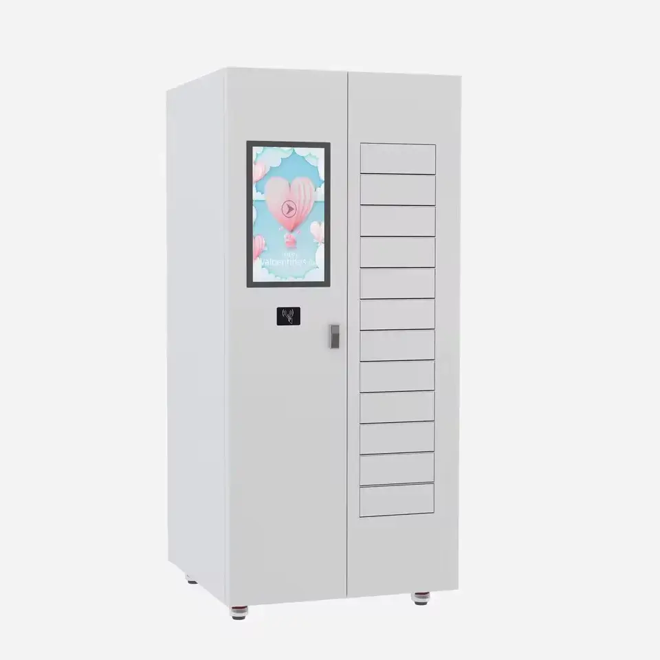 White industrial vending locker with touchscreen, employee card reader and multiple doors