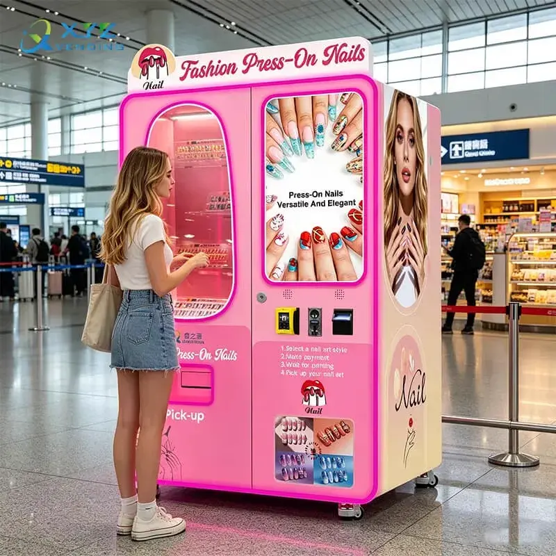Press-on nail vending machine shown in an airport retail setting