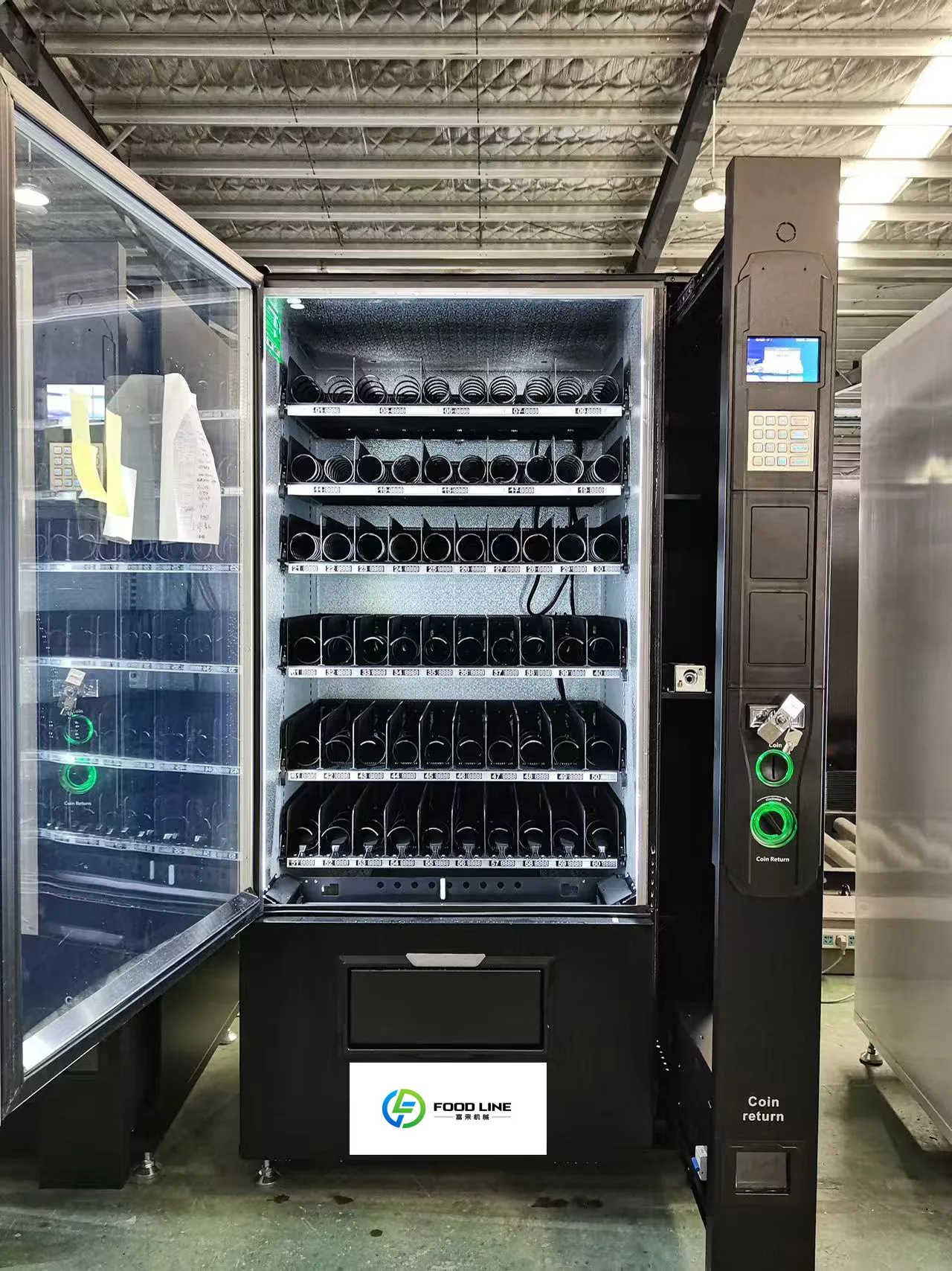 Vending machine cabinet open for factory inspection